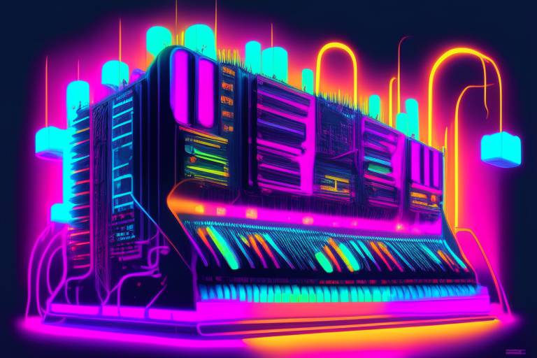 a digital painting of a huge modular synthesizer with neon colors