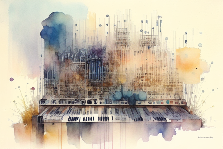 a watercolor painting of a huge modular synthesizer with a dreamy effect