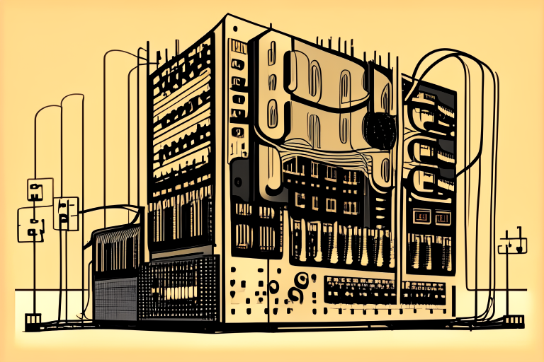 a cartoon drawing of a huge modular synthesizer with bold lines