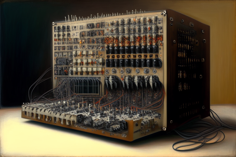 a realistic oil painting of a modular synthesizer