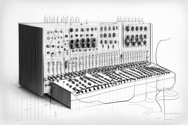 a black and white pencil sketch of a modular synthesizer