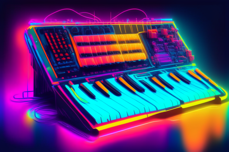 a digital painting of a modular synthesizer with neon colors