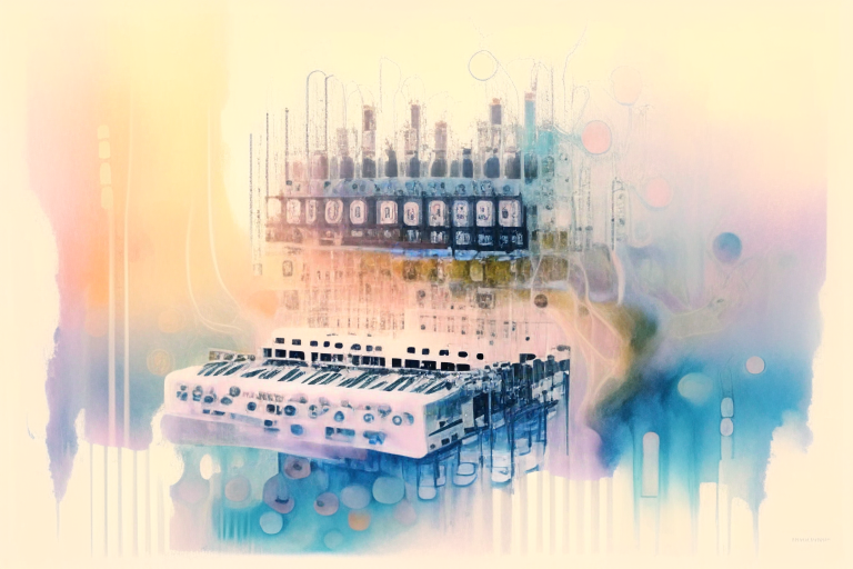 a watercolor painting of a modular synthesizer with a dreamy effect