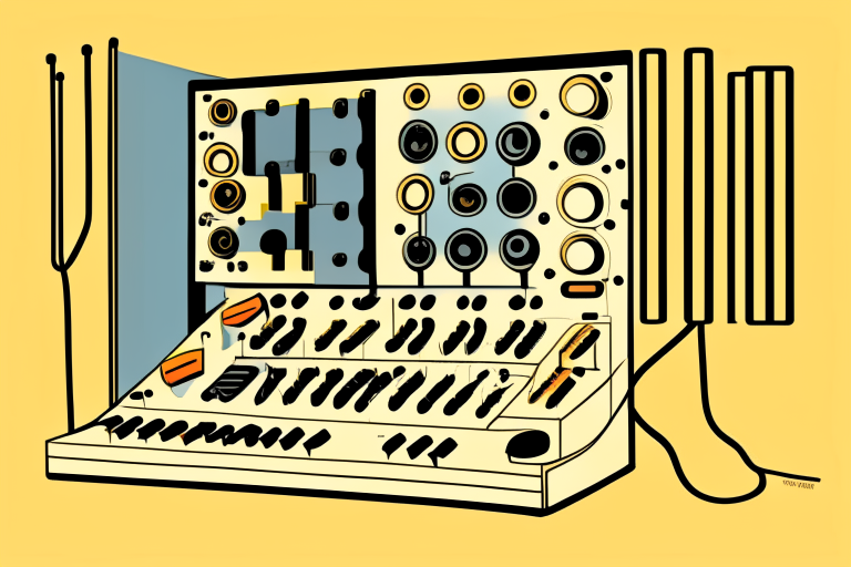 a cartoon drawing of a modular synthesizer with bold lines