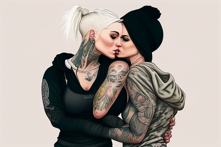 a beautiful woman with short black hair in camouflage leggings kissing a blonde cute woman in yoga pants. The first woman has tattoos and a nose piercing and is wearing white sneakers. The blonde woman has a ponytail and is wearing a black hoodie.