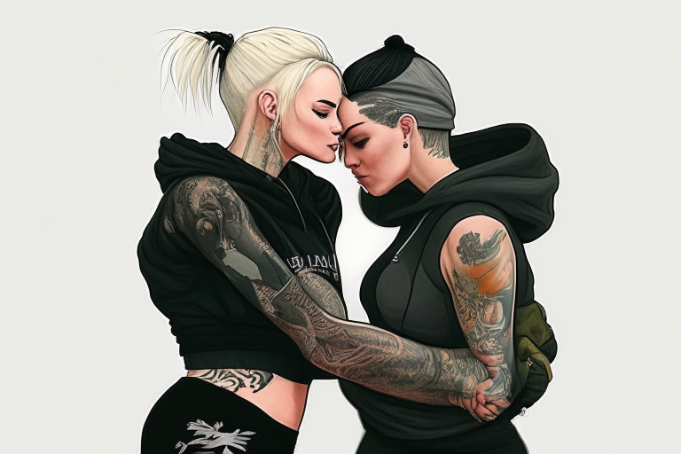 a beautiful woman with short black hair in camouflage leggings kissing a blonde cute woman in yoga pants. The first woman has tattoos and a nose piercing and is wearing white sneakers. The blonde woman has a ponytail and is wearing a black hoodie.