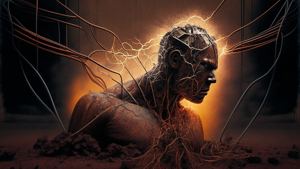 an electrical being in the likeness of man forming iron ore