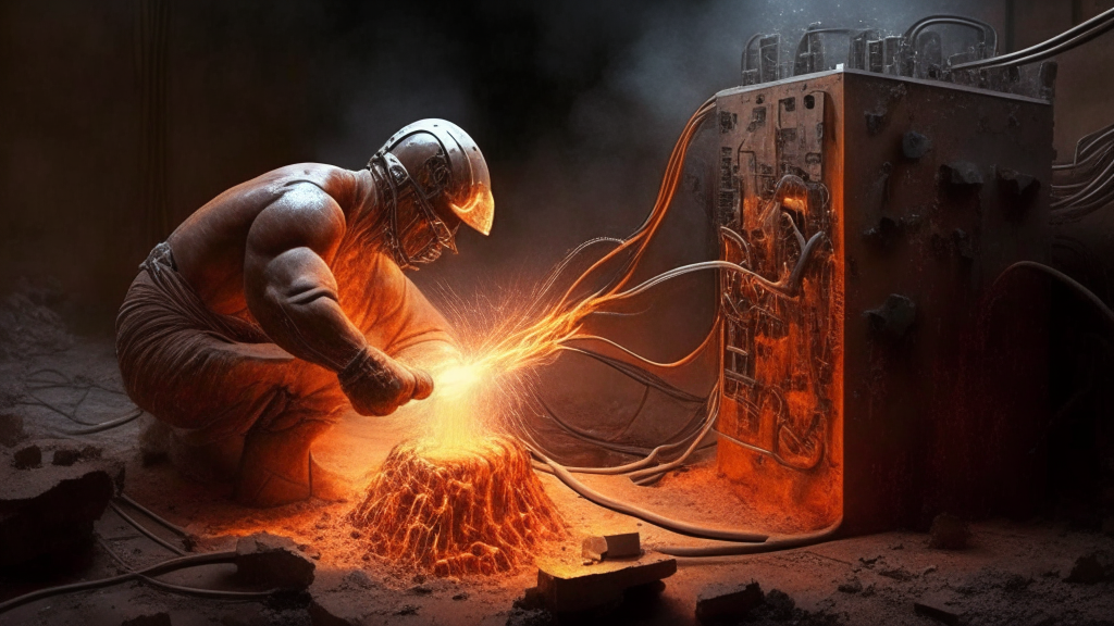 an electrical being in the likeness of man creating iron ore for the first time