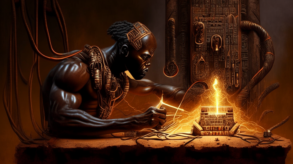 an electrical being in the likeness of man creating iron ore with an African mythological style