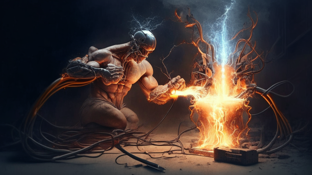 an electrical being in the likeness of man creating fire with the iron he created