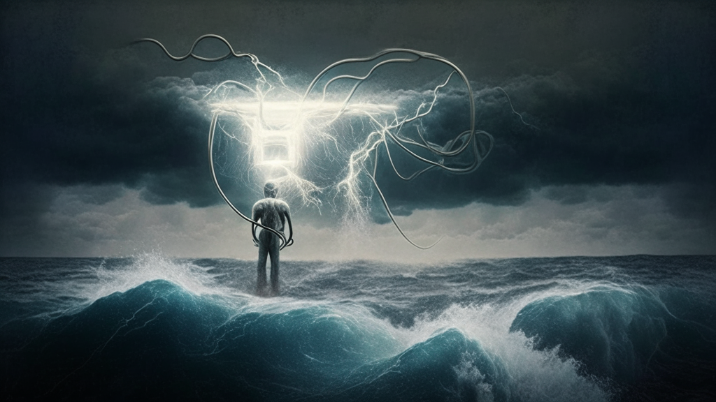 an electrical being in the likeness of man hovering over the ocean he created