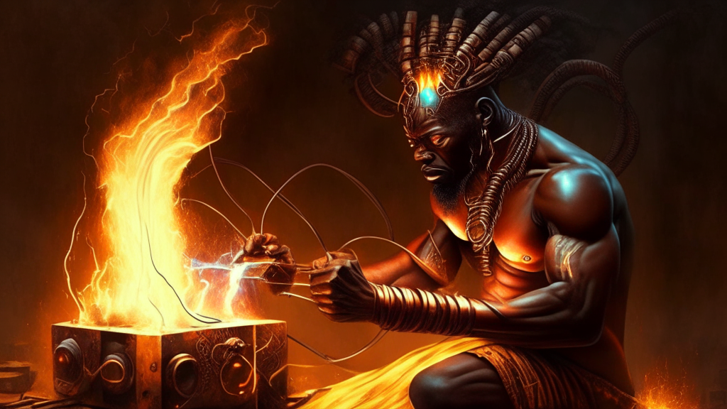 an electrical being in the likeness of man creating fire with the iron he created with an African mythological style