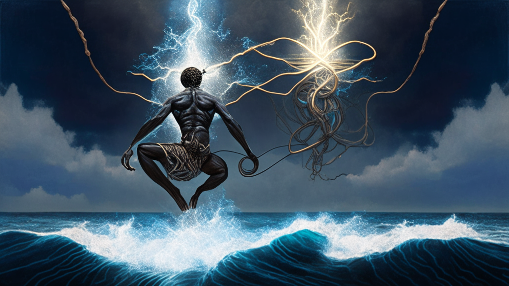 an electrical being in the likeness of man hovering over the ocean he created with an African mythological style