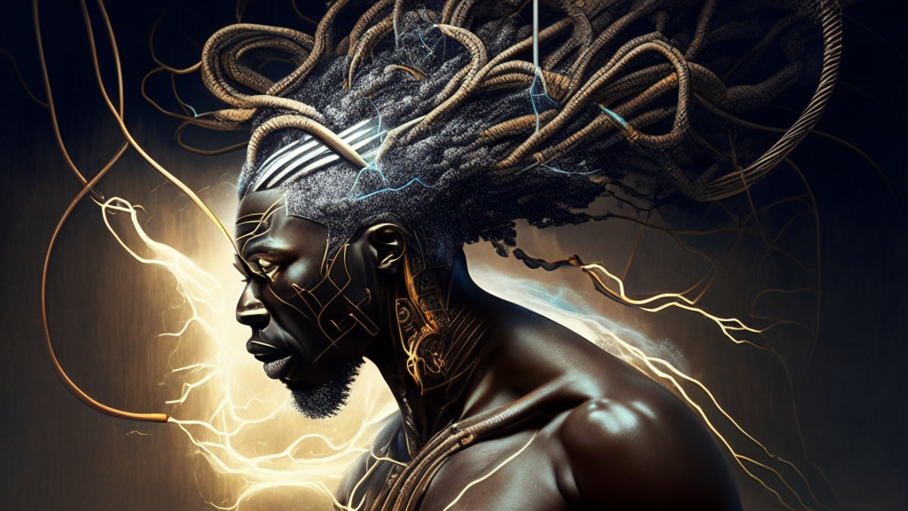 an electrical being in the likeness of man creating winds with an African mythological style