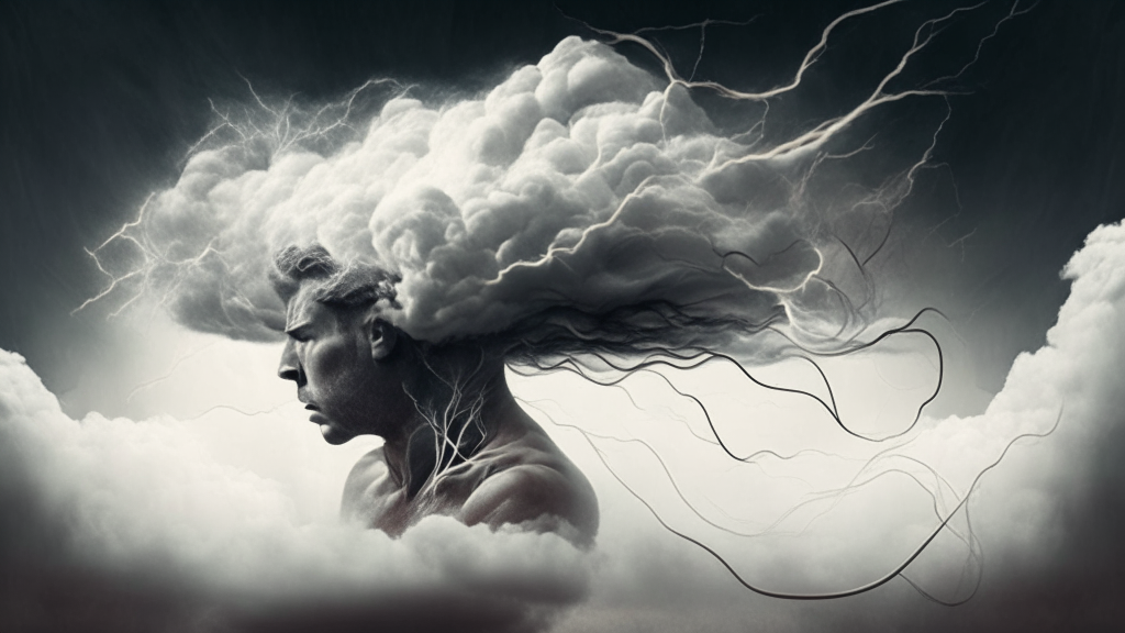 an electrical being in the likeness of man creating winds with clouds moving around him