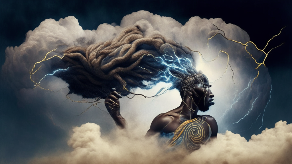 an electrical being in the likeness of man creating winds with clouds moving around him with an African mythological style