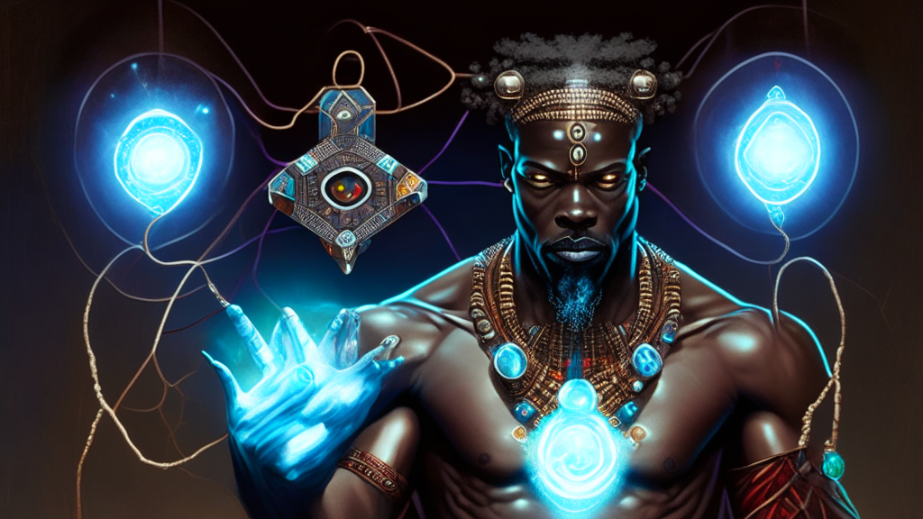 an electrical being in the likeness of man holding 5 gemstones with an African mythological style