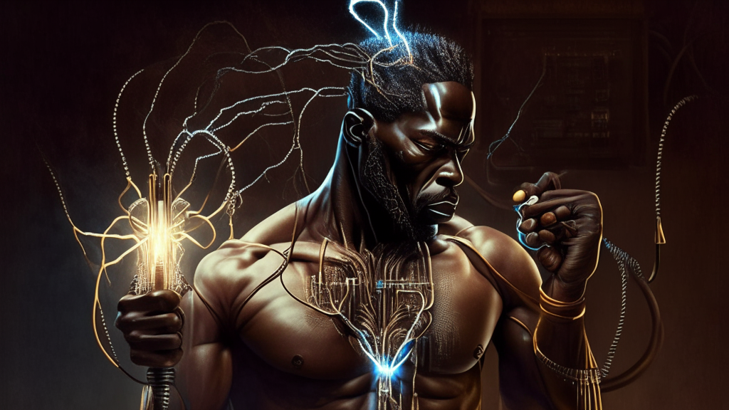 an electrical being in the likeness of man creating a strong African man with an African mythological style