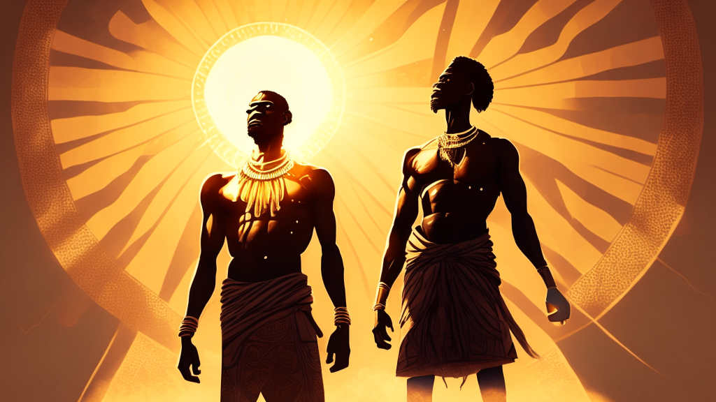 an African man standing in the light of the sun proud looking with an African mythological style