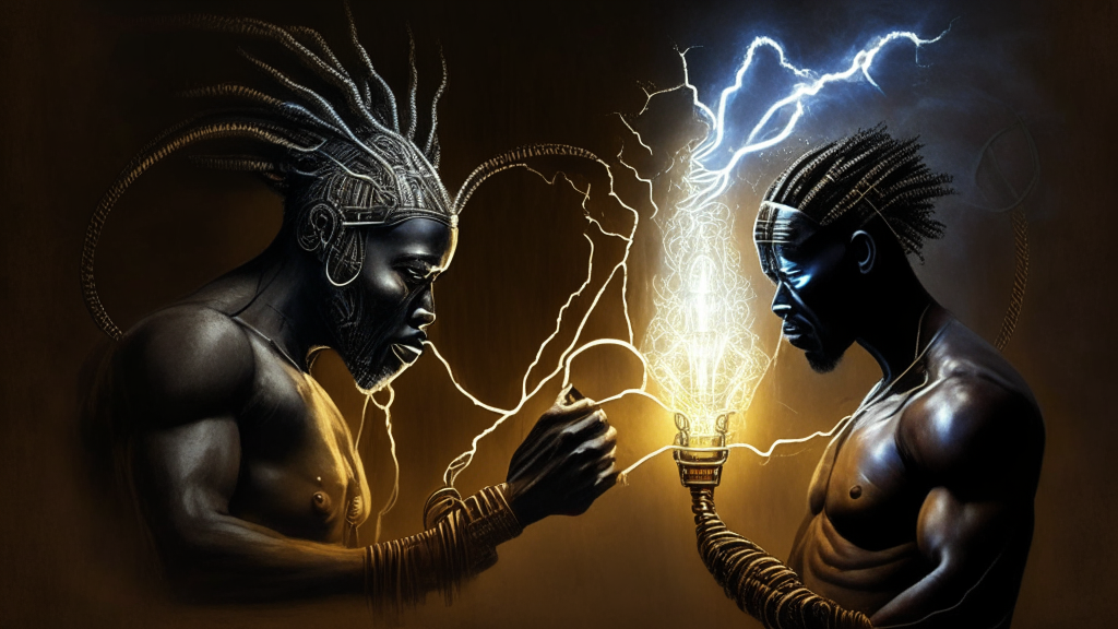 an electrical being in the likeness of man sending darkness to the man with an African mythological style