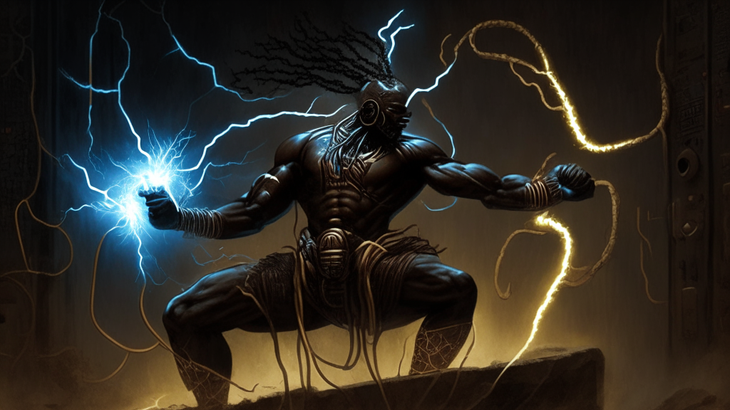 an electrical being in the likeness of man fighting the darkness with an African mythological style