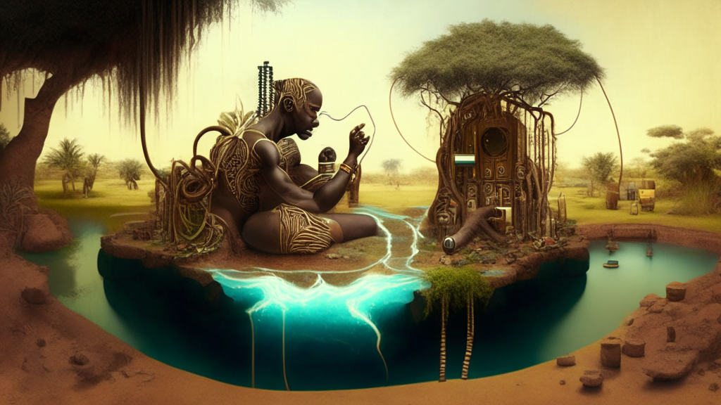 an electrical being in the likeness of man creating a beautiful oasis with an African mythological style