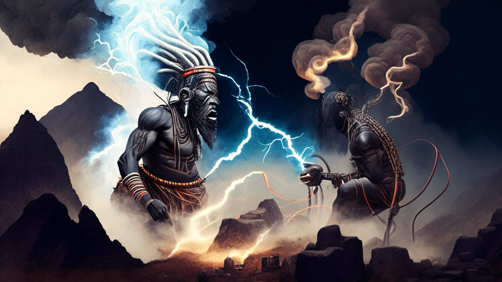 an electrical being in the likeness of man and smoke battling in the mountains with an African mythological style