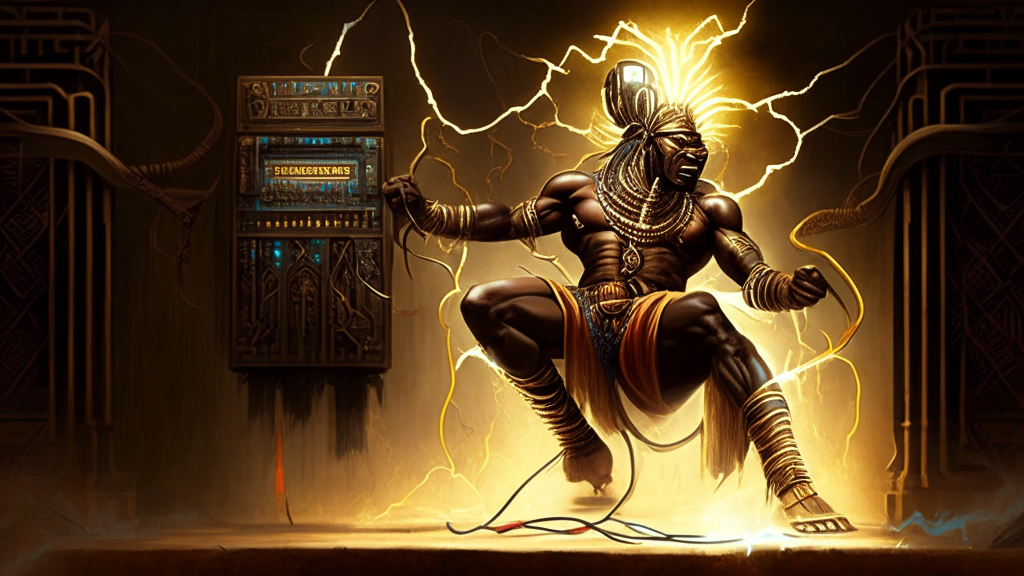 a new electrical being emerging victorious and stronger with an African mythological style