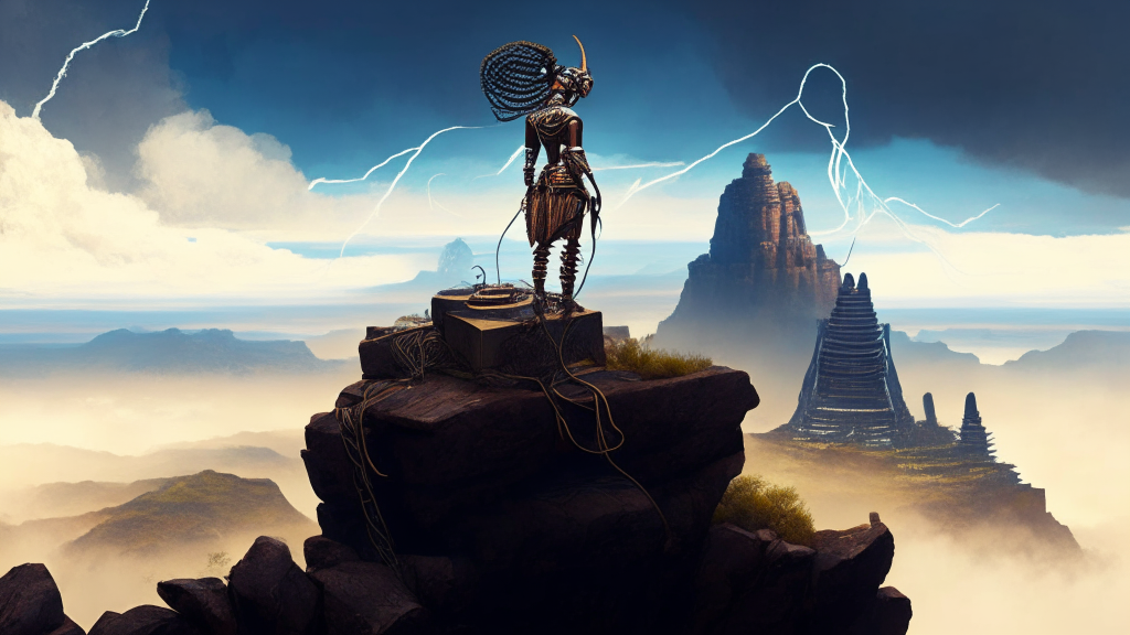 the new electrical being standing on a mountain top looking over the pride lands with an African mythological style