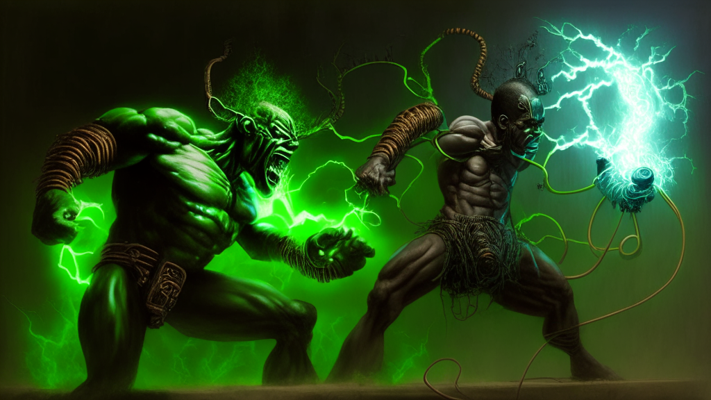 an electrical being in the likeness of man fighting a green demon that has the likeness of man with an African mythological style