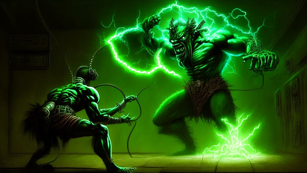 the electrical being defeating the green demon that has the likeness of man with an African mythological style (a dark scene)