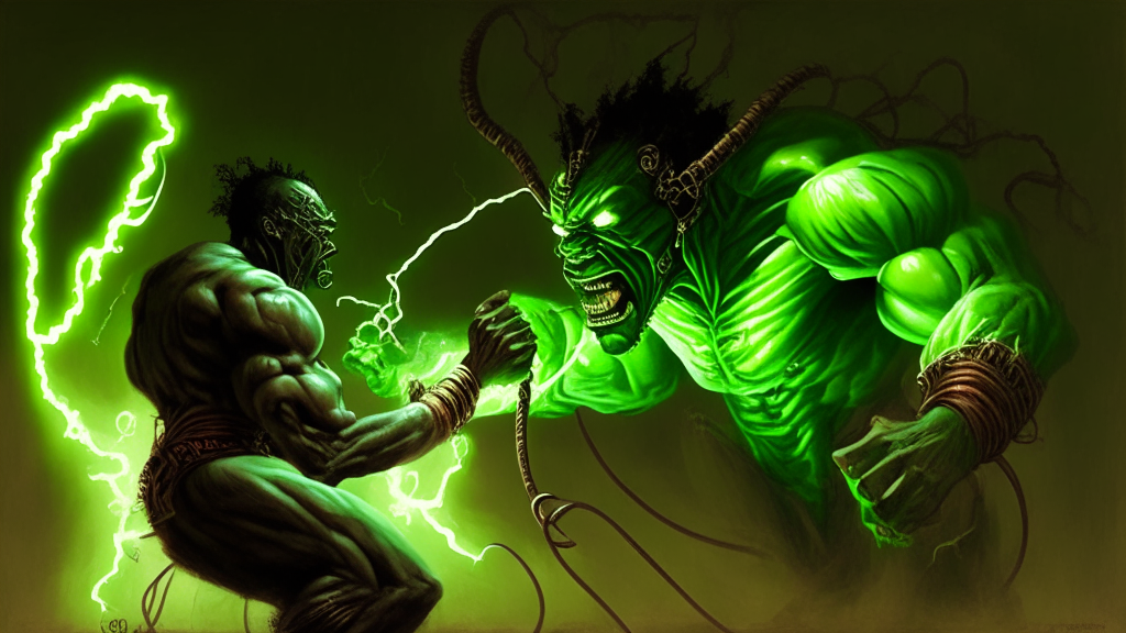 an electrical being in the likeness of man fighting a green demon that has the likeness of man with an African mythological style