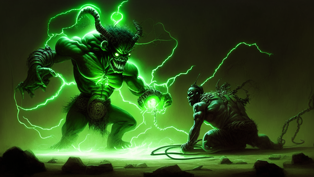 the electrical being defeating the green demon that has the likeness of man with an African mythological style (a dark scene) with the green demon on the ground