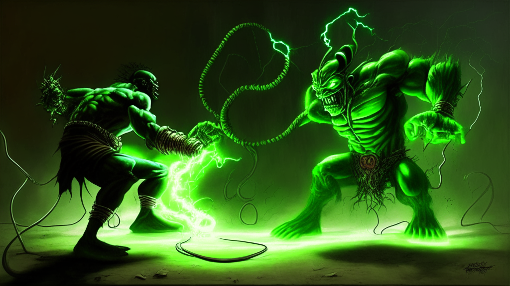 the electrical being defeating the green demon that has the likeness of man with an African mythological style with the green demon on the ground