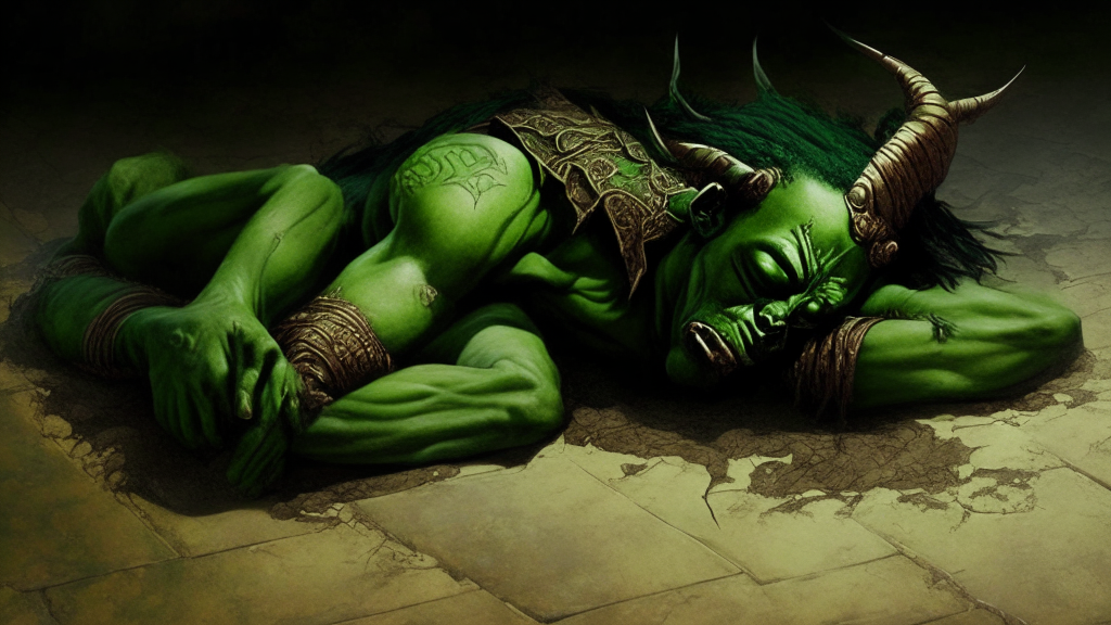 the green demon lying on the ground with an African mythological style