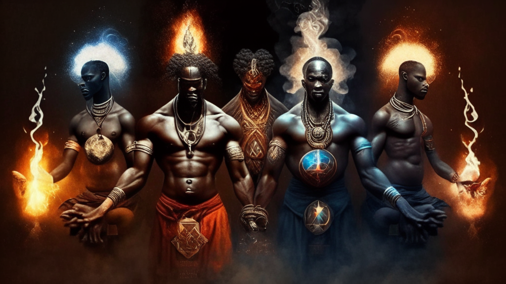 African God shaping the five elements into man