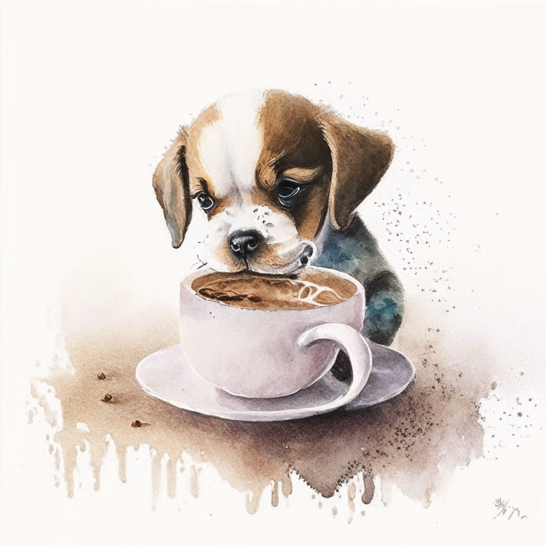 a watercolor painting of a puppy drinking a latte with heart-shaped art