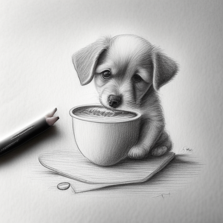 a pencil sketch of a puppy drinking a latte with heart-shaped art
