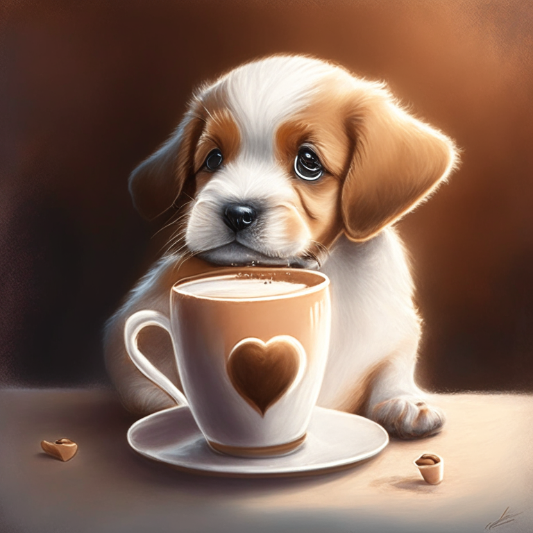 a digital painting of a puppy drinking a latte with heart-shaped art