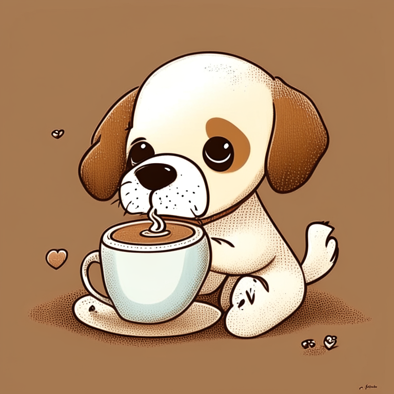 a cartoon drawing of a puppy drinking a latte with heart-shaped art