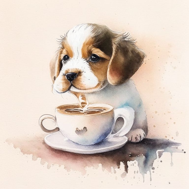 a watercolor painting of a puppy drinking a latte with heart-shaped art