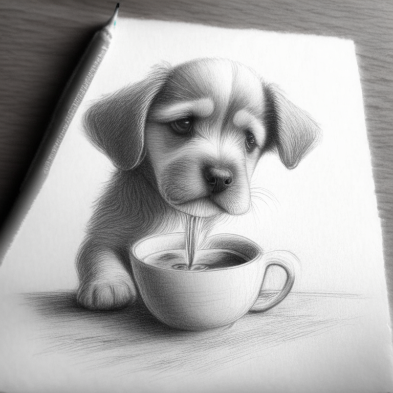 a pencil sketch of a puppy drinking a latte with heart-shaped art