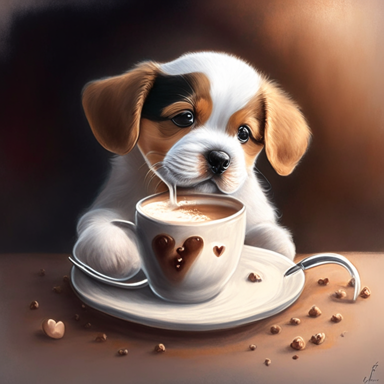 a digital painting of a puppy drinking a latte with heart-shaped art