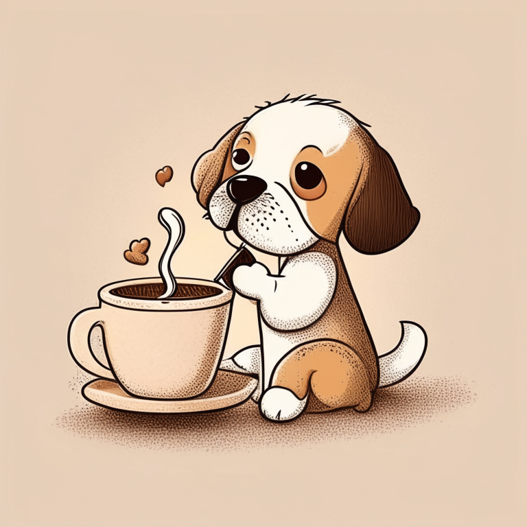 a cartoon drawing of a puppy drinking a latte with heart-shaped art