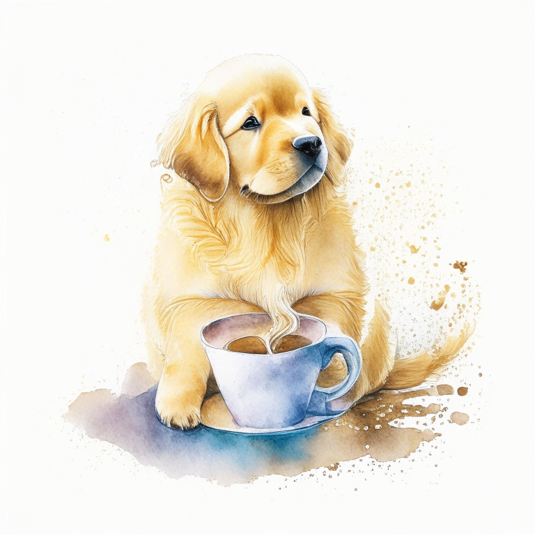 a Golden Retriever puppy drinking a latte with heart-shaped art, in a watercolor style