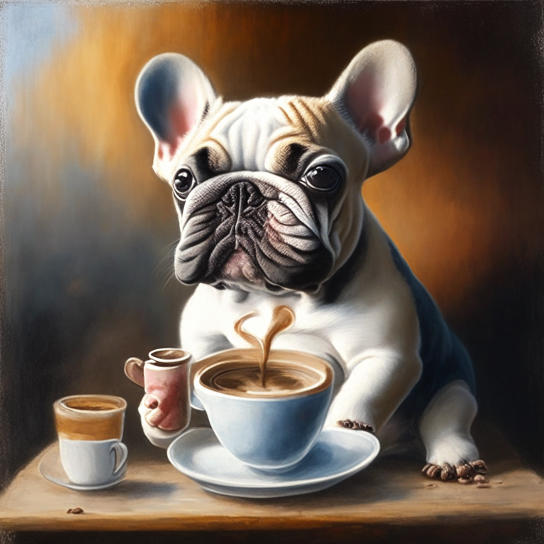 a French Bulldog puppy drinking a latte with heart-shaped art, in an oil painting style