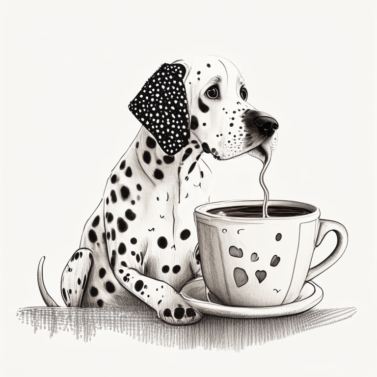a Dalmatian puppy drinking a latte with heart-shaped art, in a sketch style