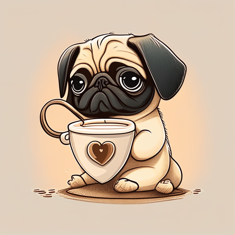 a Pug puppy drinking a latte with heart-shaped art, in a cartoon style