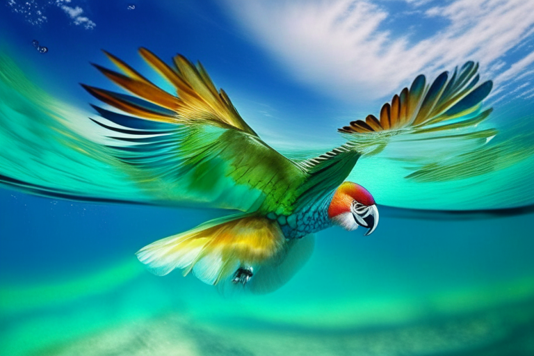 A beautiful parrot flying over crystal clear water
