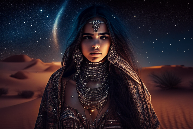 a beautiful girl wearing tribal clothes and jewelry at night in the desert with stars in the background